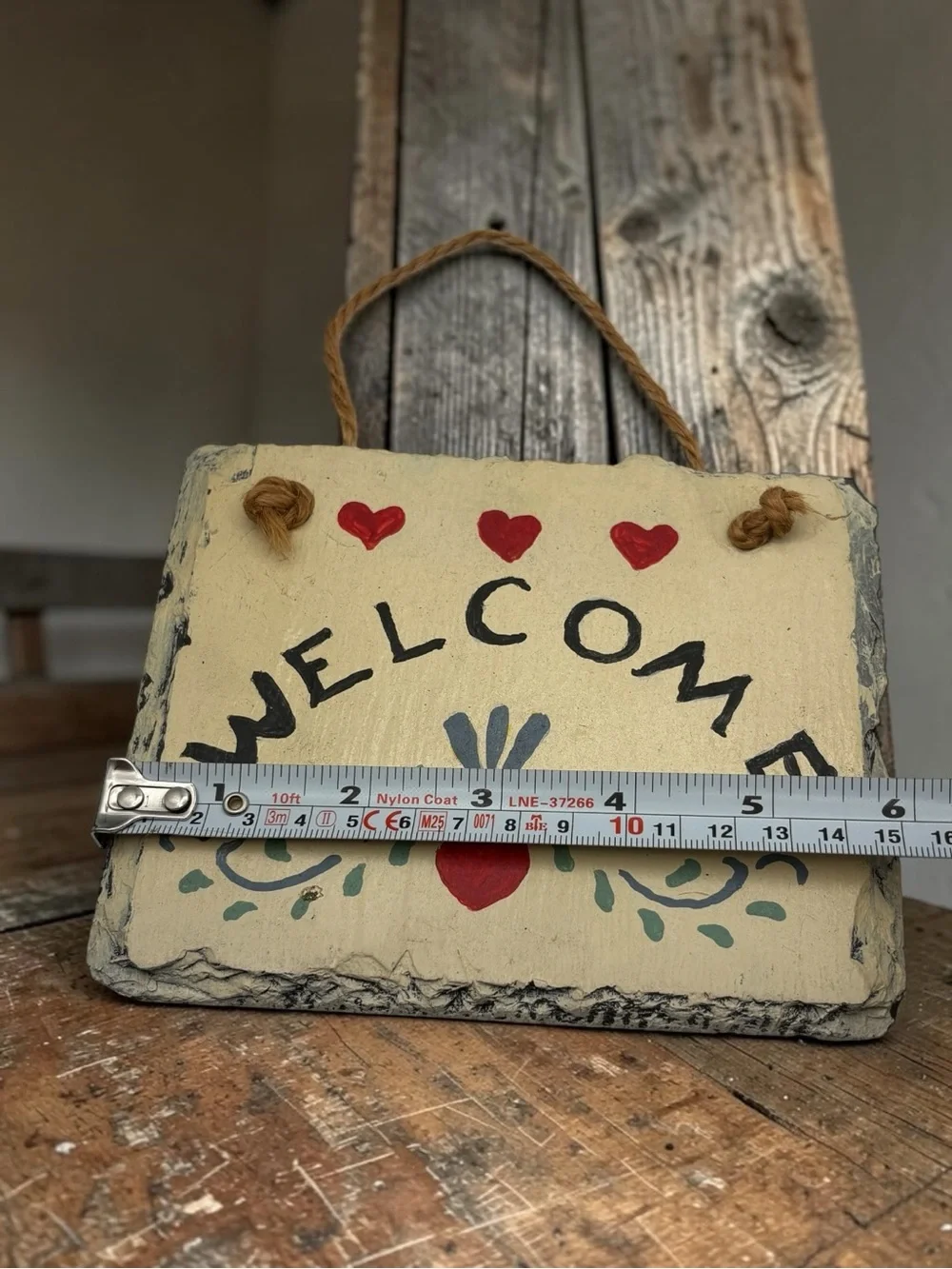 Vintage 80s-90s Hand Painted Slate Welcome Sign w/ Hearts Folk Art Ready To Hang